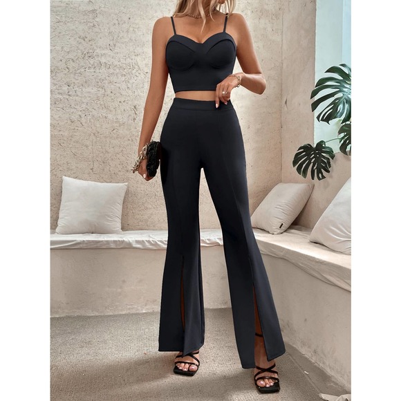 Pants - 2  piece set: Zip Back Bustier Cami crop Top & Flare Leg Pants black